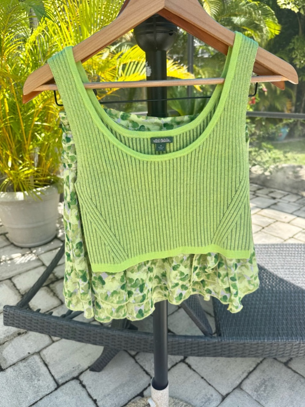 Light Green Ribbed Layered Tank Top with Floral Hem